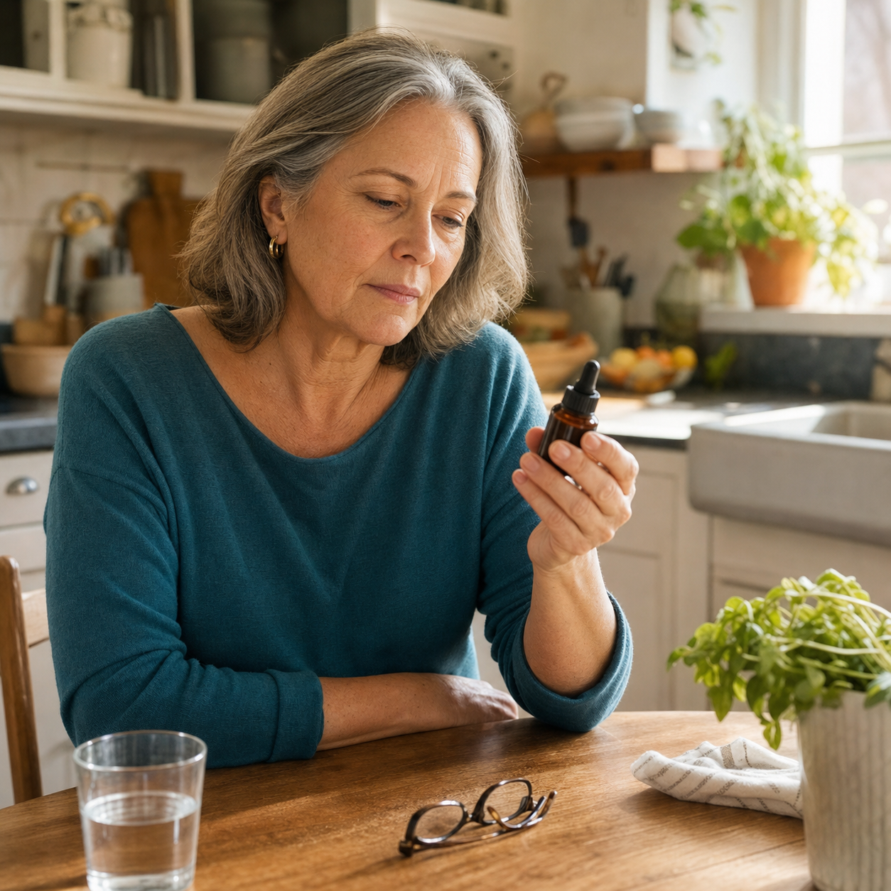 Mature woman carefully evaluating a liquid supplement format