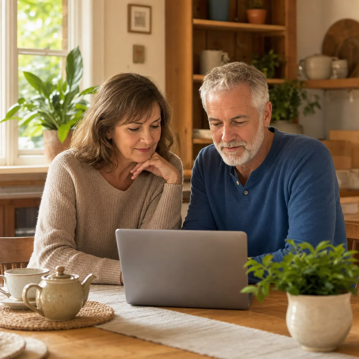 Mature couple calmly exploring selected offers together at home