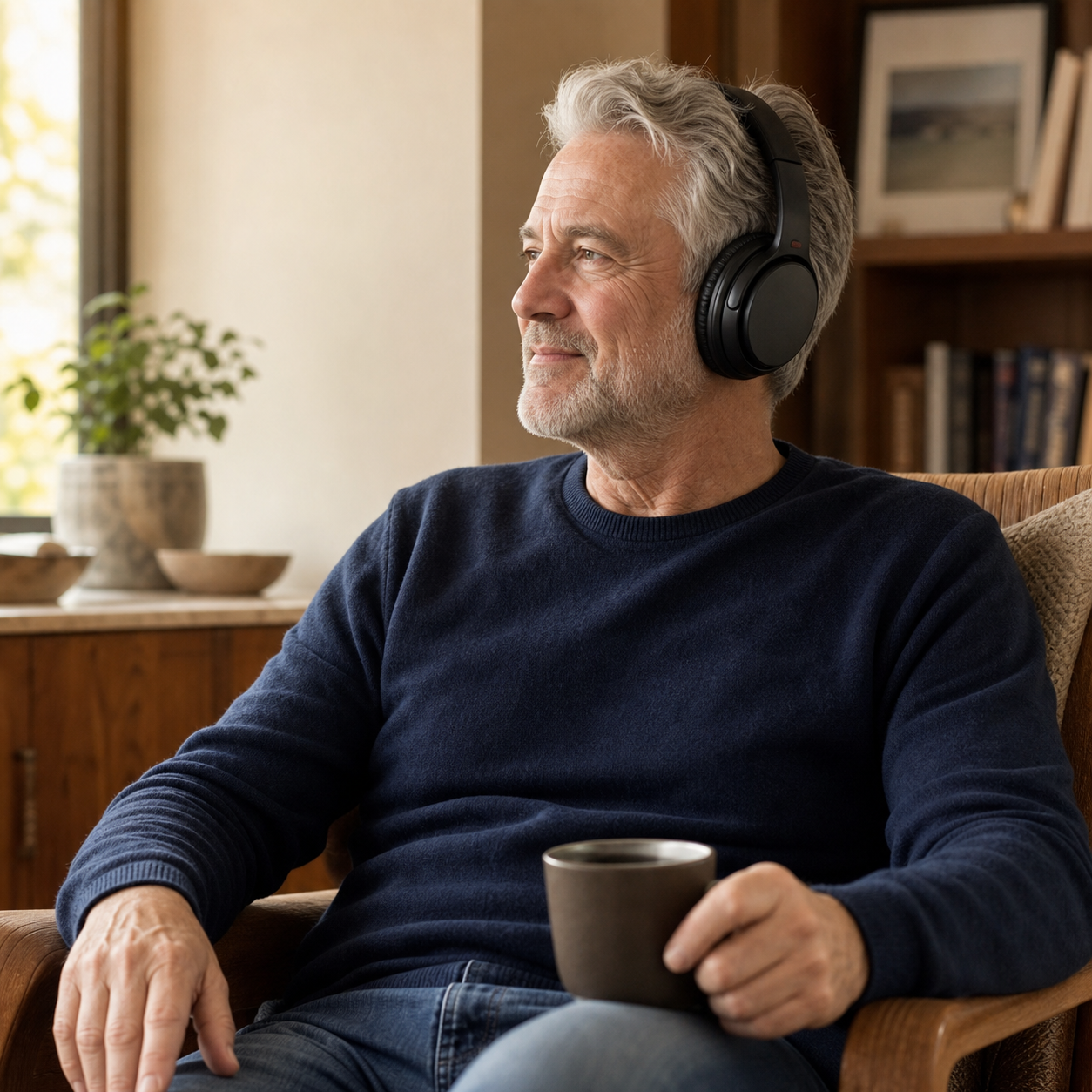 Mature adult enjoying a quiet audio-listening moment at home