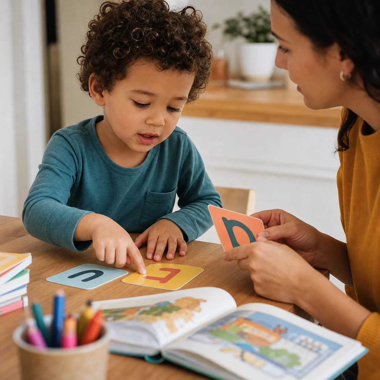 Caregiver and young child practicing letters together at home
