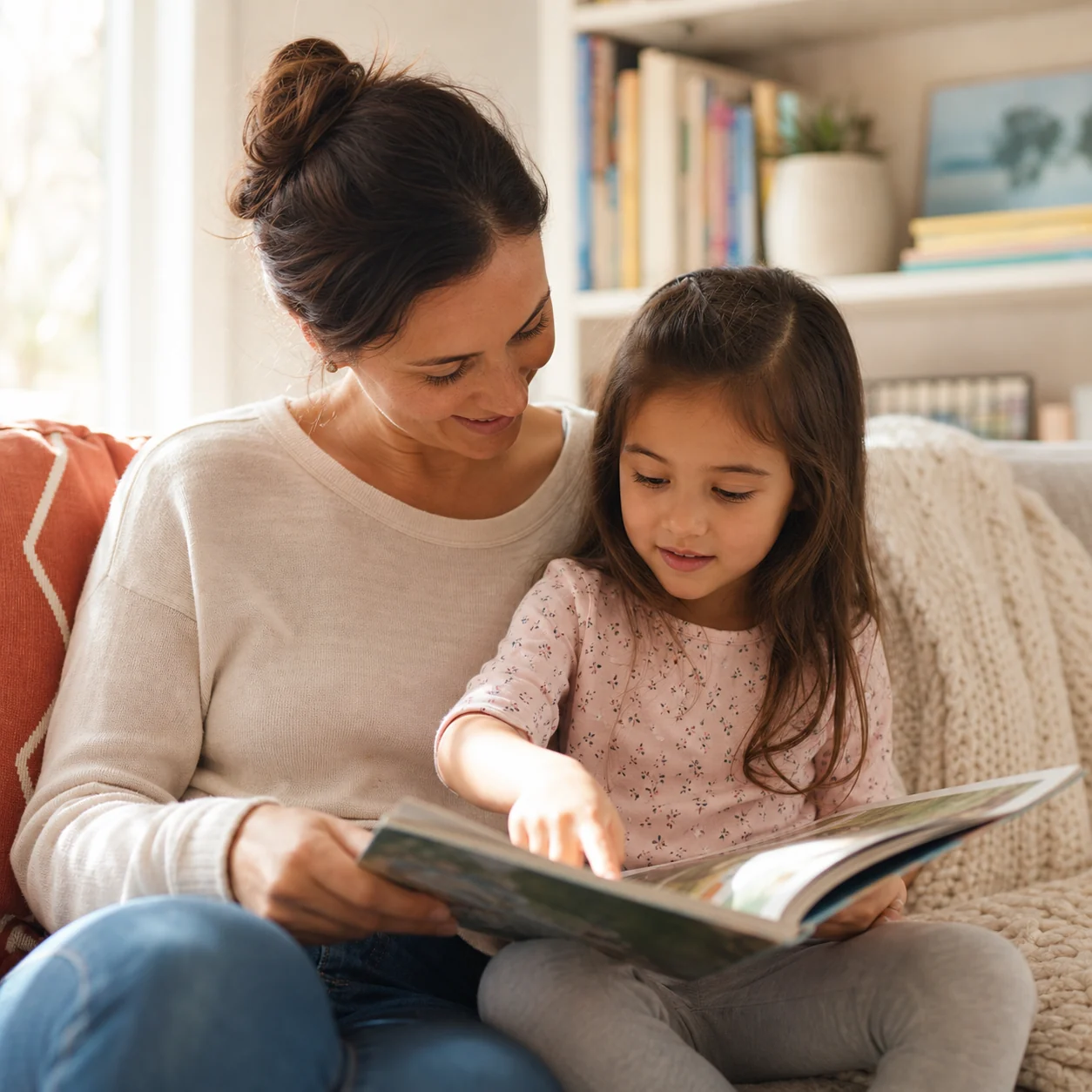 Parent and young child sharing a picture book at home