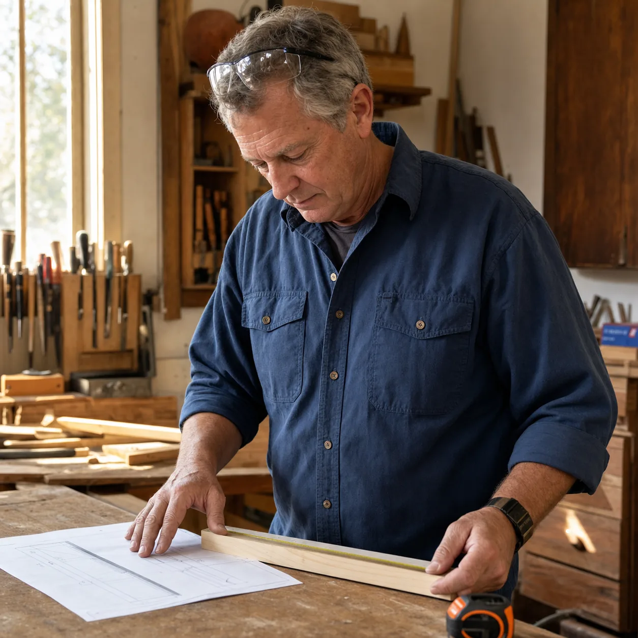 Mature woodworker reviewing a plan in a home workshop